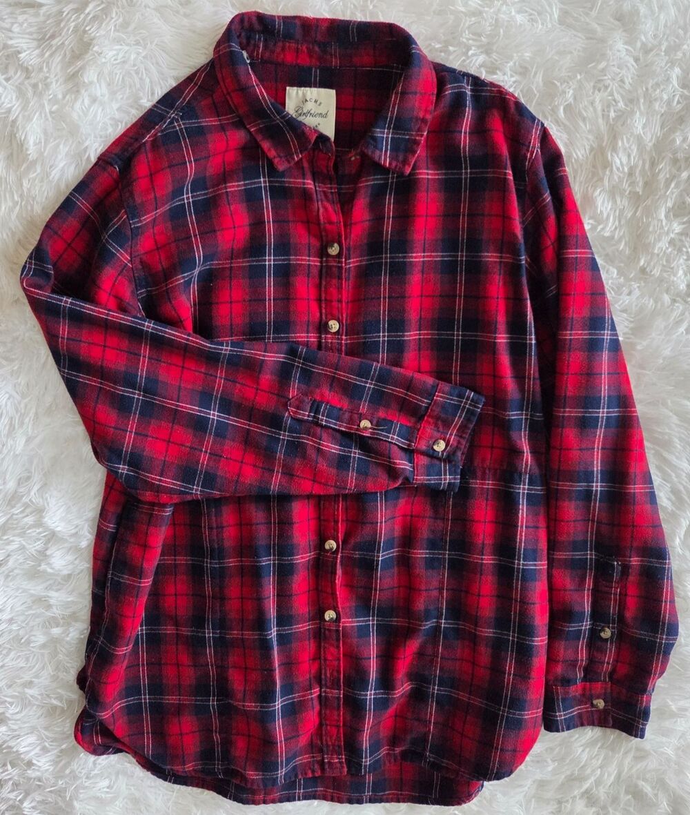 Jachs Girlfriend Flannel Shirt Womens Large Red Plaid Button Up Boyfriend Fit